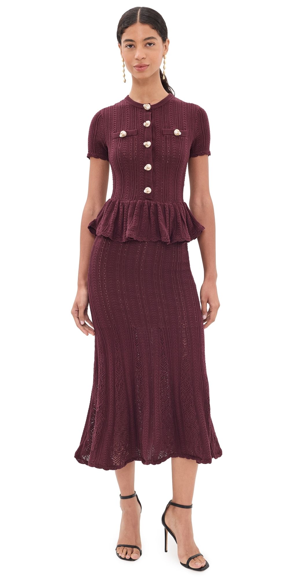 Self Portrait Pointelle Peplum Knit Midi Dress Burgundy M