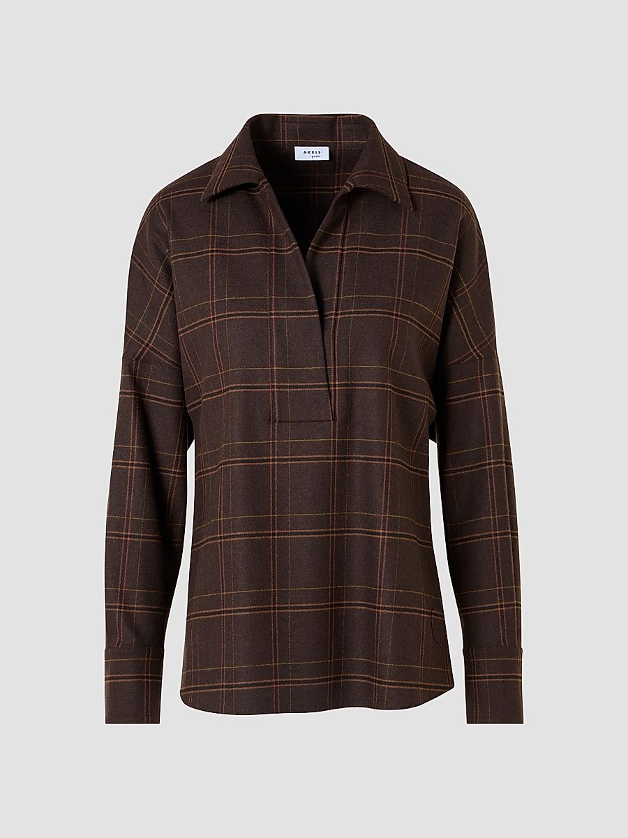 Women's Blanket Checked Wool-Blend Flannel Blouse - Espresso Caramel - Size 16