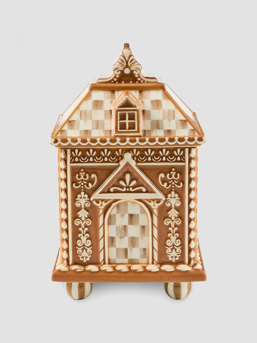 MacKenzie-Childs Mocha Check Ceramic Gingerbread House Cookie Jar