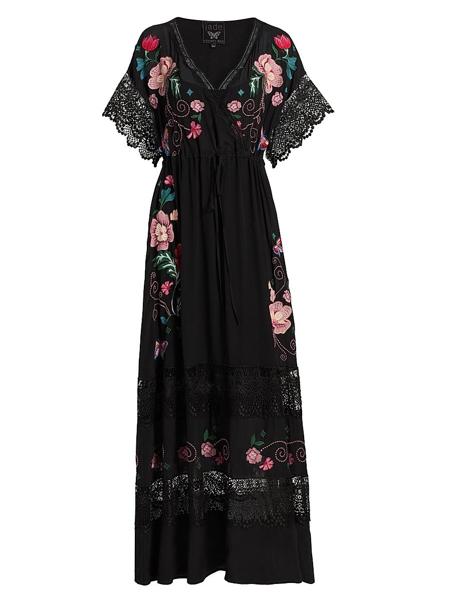 Women's Adeline Amapola Embroidered Silk Maxi Dress - Black - Size XXL