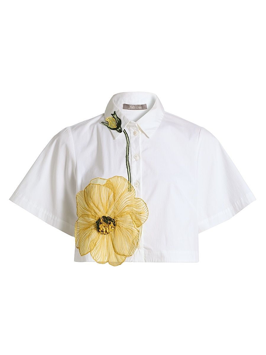 Women's Peony Embroidered Poplin Crop Shirt - White Yellow - Size XS