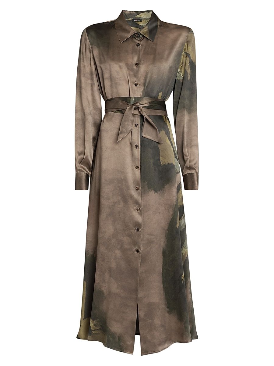 Women's Floral Silk Tie-Waist Midi-Shirtdress - Green - Size 2
