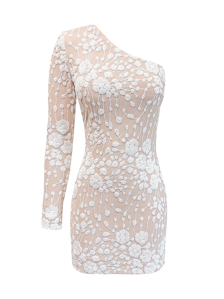 Women's Serena Floral Embroidered One-Shoulder Minidress - White Biege - Size XXL