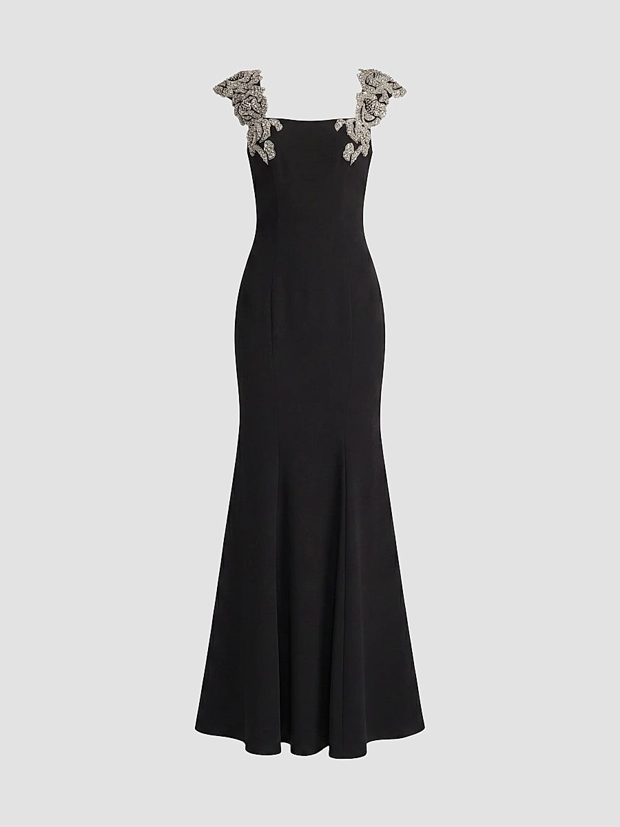 Women's Embellished Strap Crepe Mermaid Gown - Black - Size 14