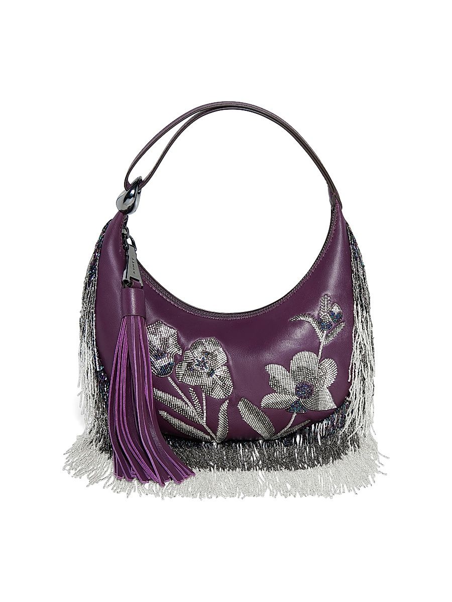 Women's Bloom Leather Novelty Bean Top Handle Bag - Beaded Plum
