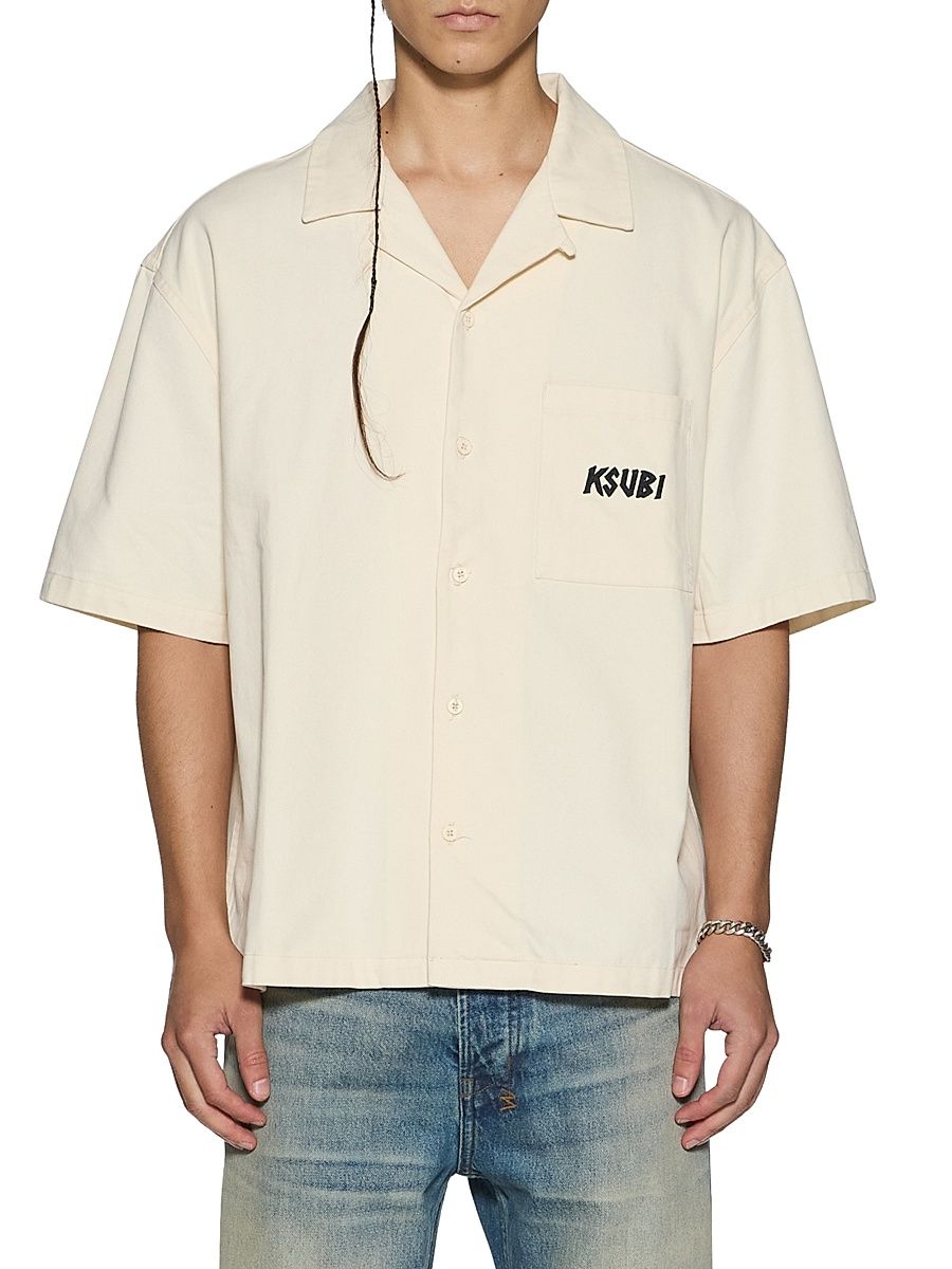Men's Stay Up Logo Graphic Camp Shirt - Natural - Size XXL