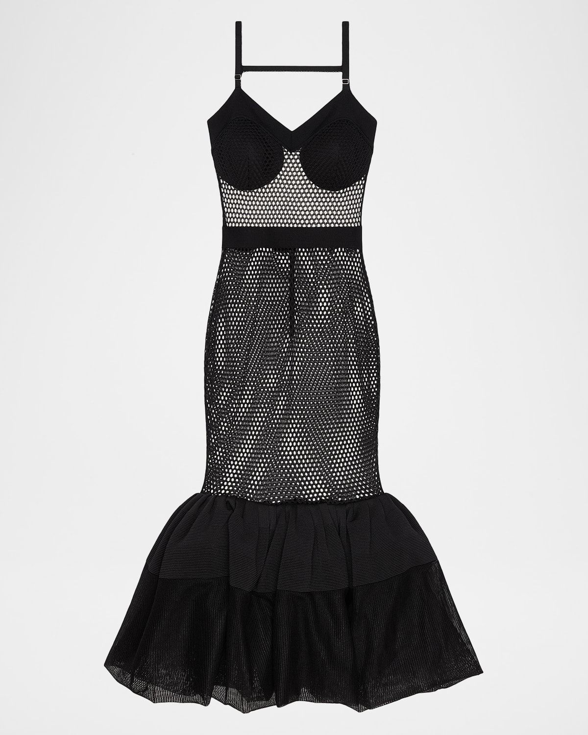 Ruffled Mesh Backless Mermaid Midi Dress