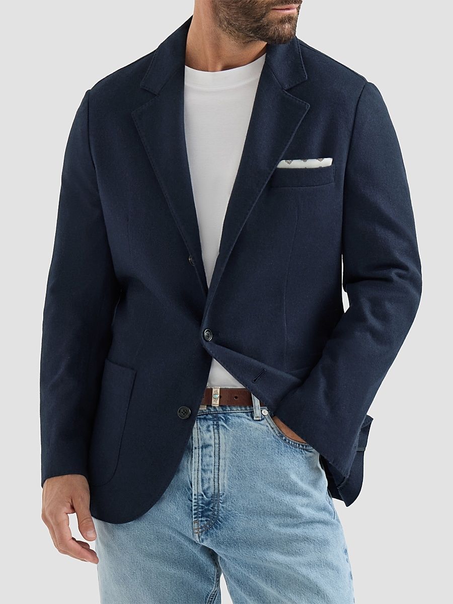 Men's Cashmere Jersey Blazer with Patch Pockets - Cobalt - Size 44