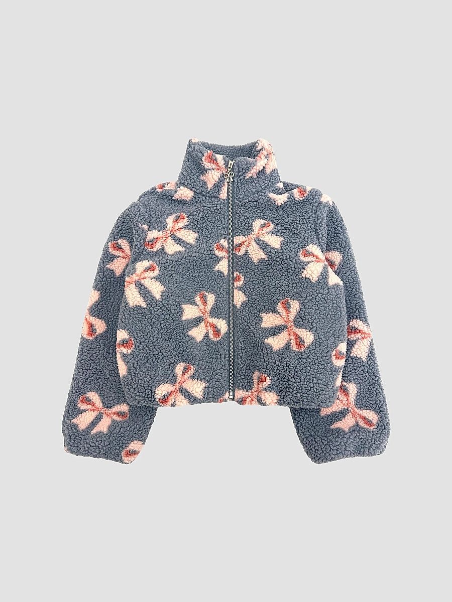 Girl's Bow-Print Sherpa Jacket - Grey Pink Combo - Size 14