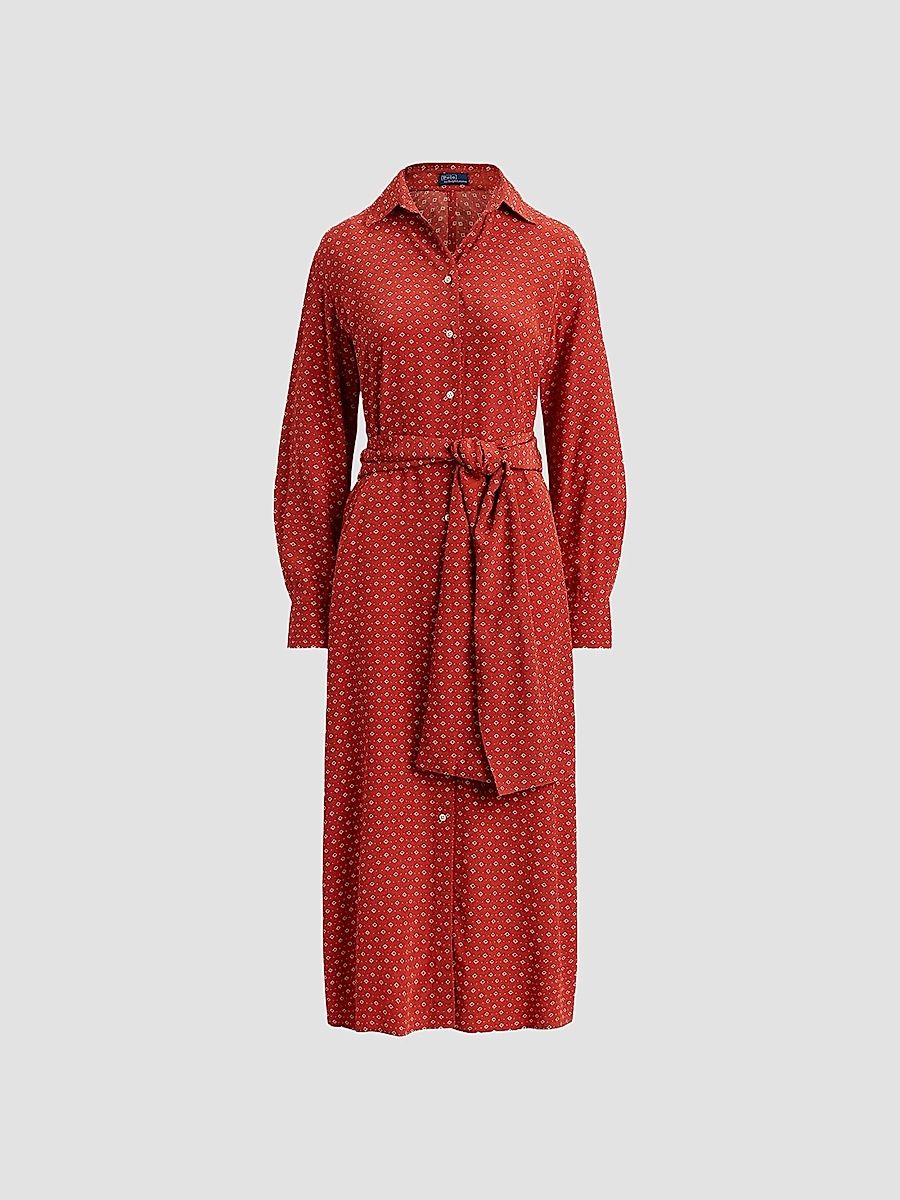 Polo Ralph Lauren Women's Geometric Floral Print Midi Shirtdress - Red Cream Multi - Size 8