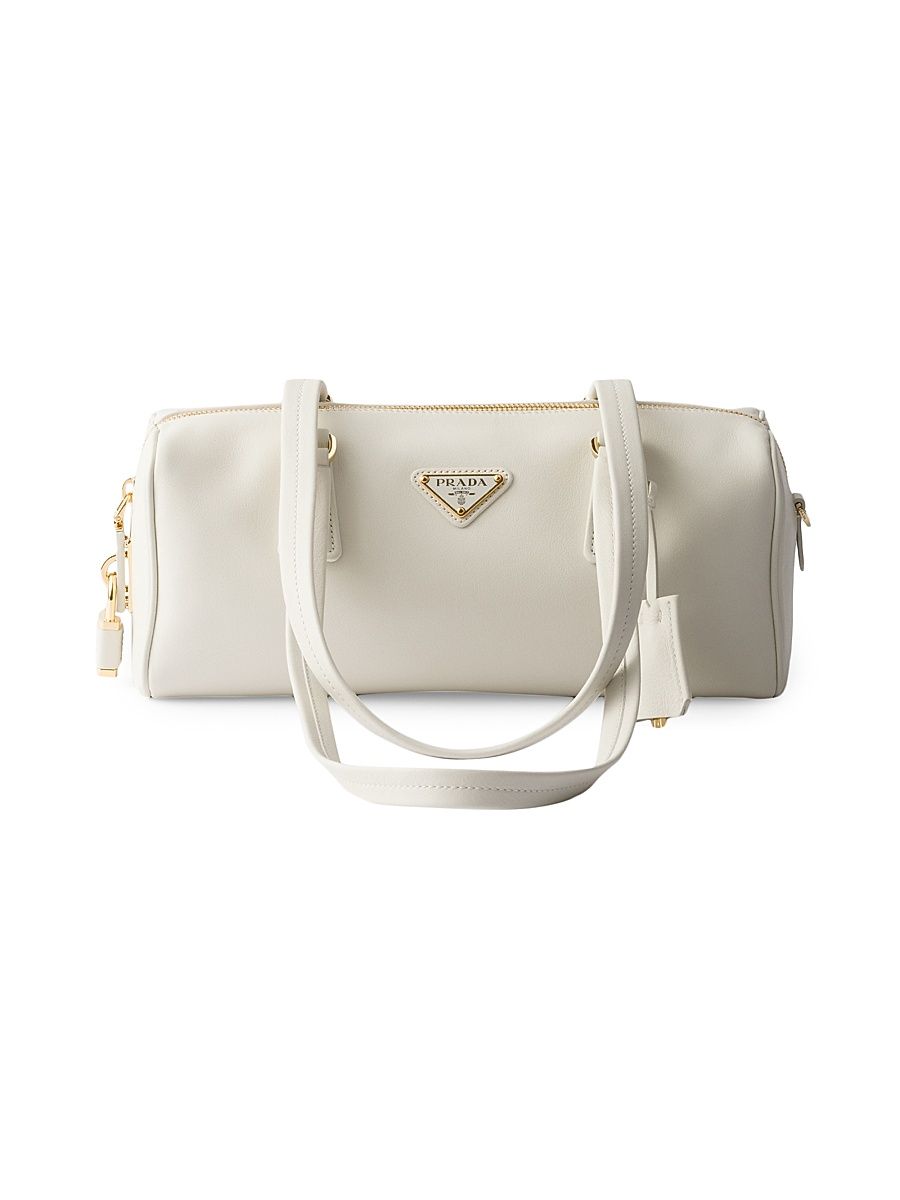 Women's Medium Leather Top Handle Bag with Lock - White