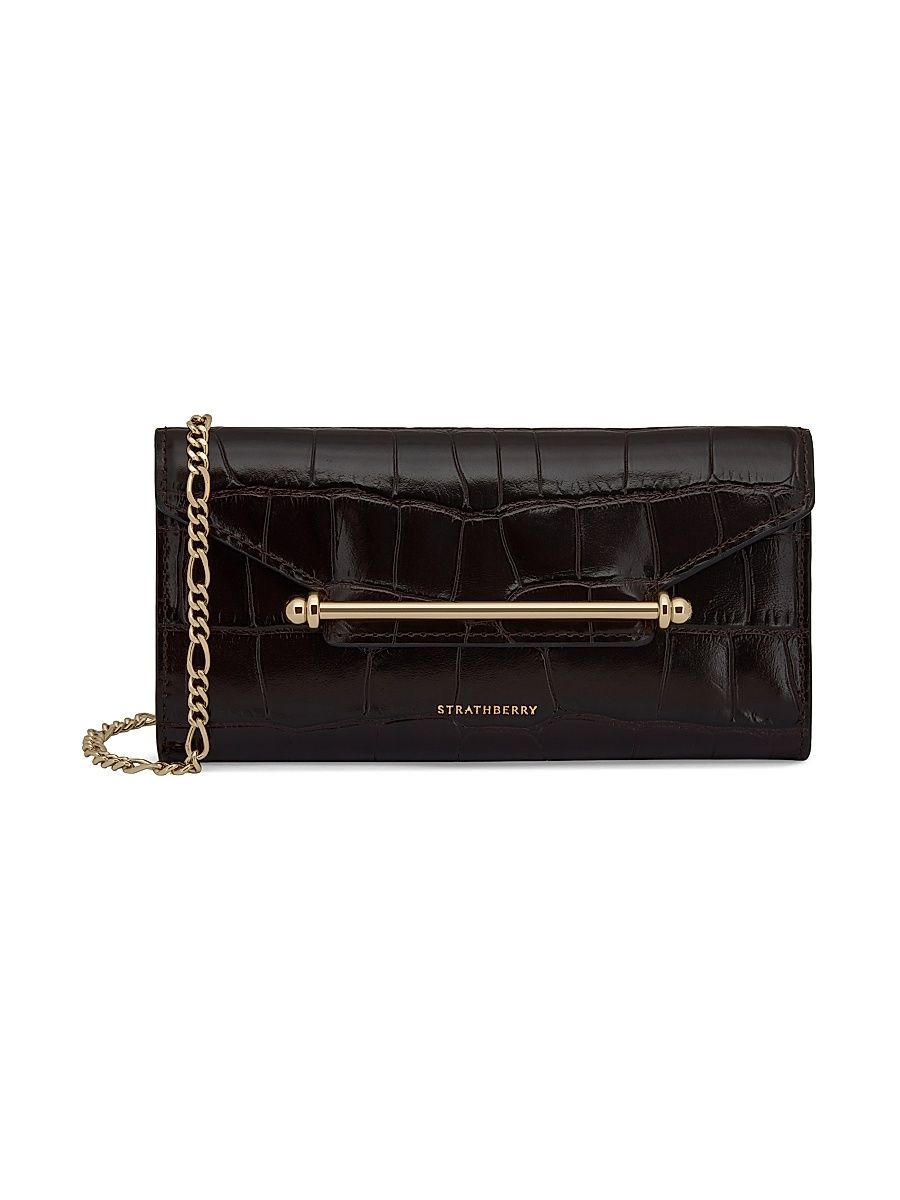 Women's Multrees Large Croc-Embossed Leather Convertible Wallet-On-Chain - Mahogany And Black
