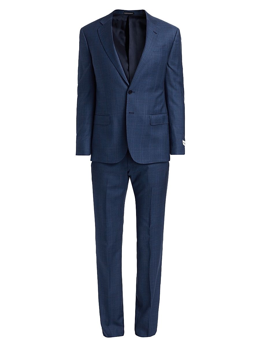 Men's Glen Check Virgin Wool Single-Breasted Suit - Dark Blue - Size 40
