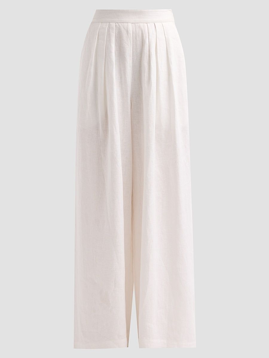 Women's Linen Pleated Palazzo Pants - White - Size 0