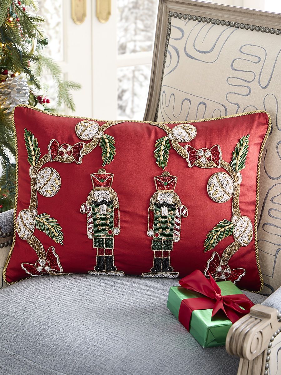 Kim Seybert Beaded Jingle Bells Decorative Pillow - White Red Green