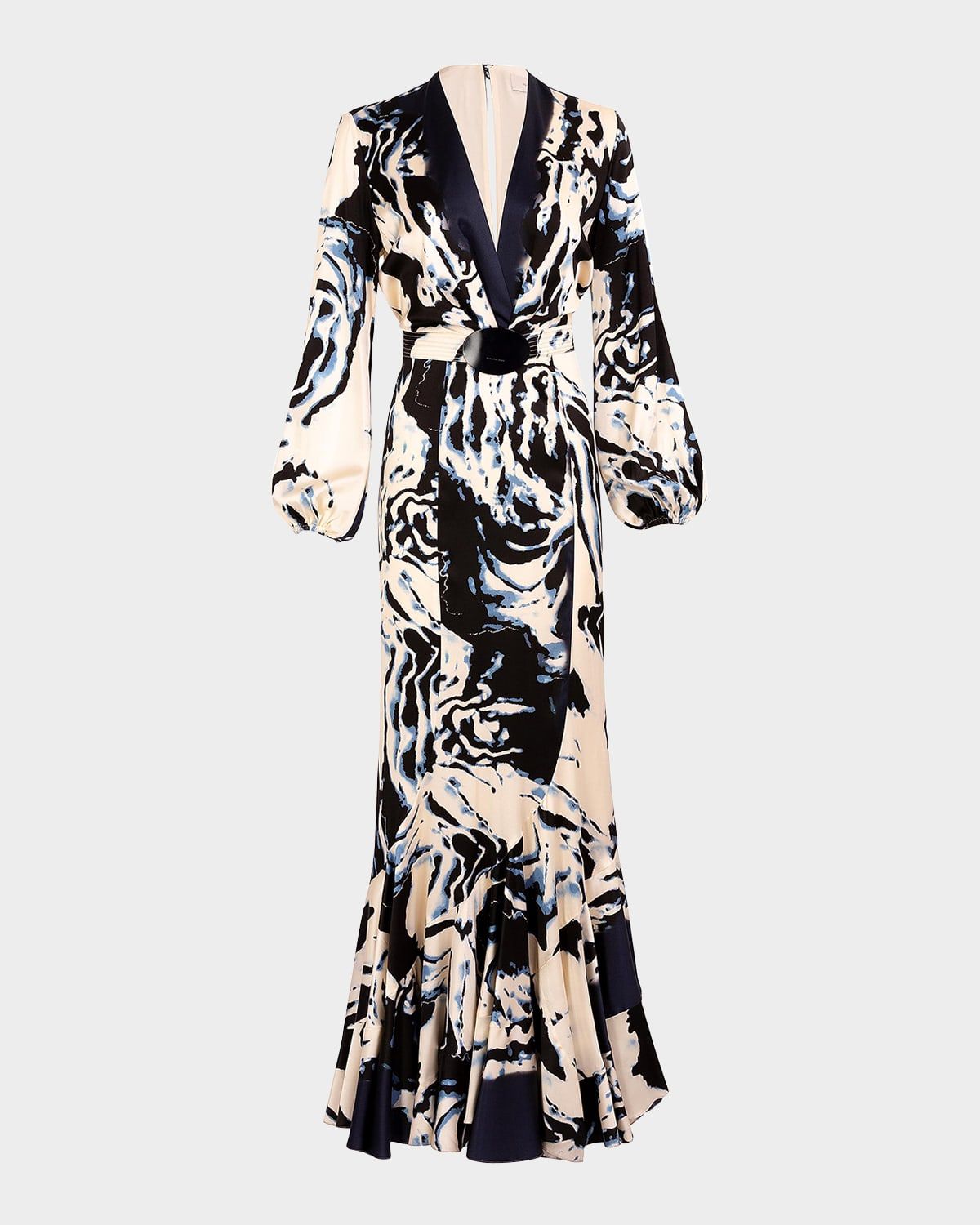 Remy Plunging Long-Sleeve Belted Satin Maxi Dress