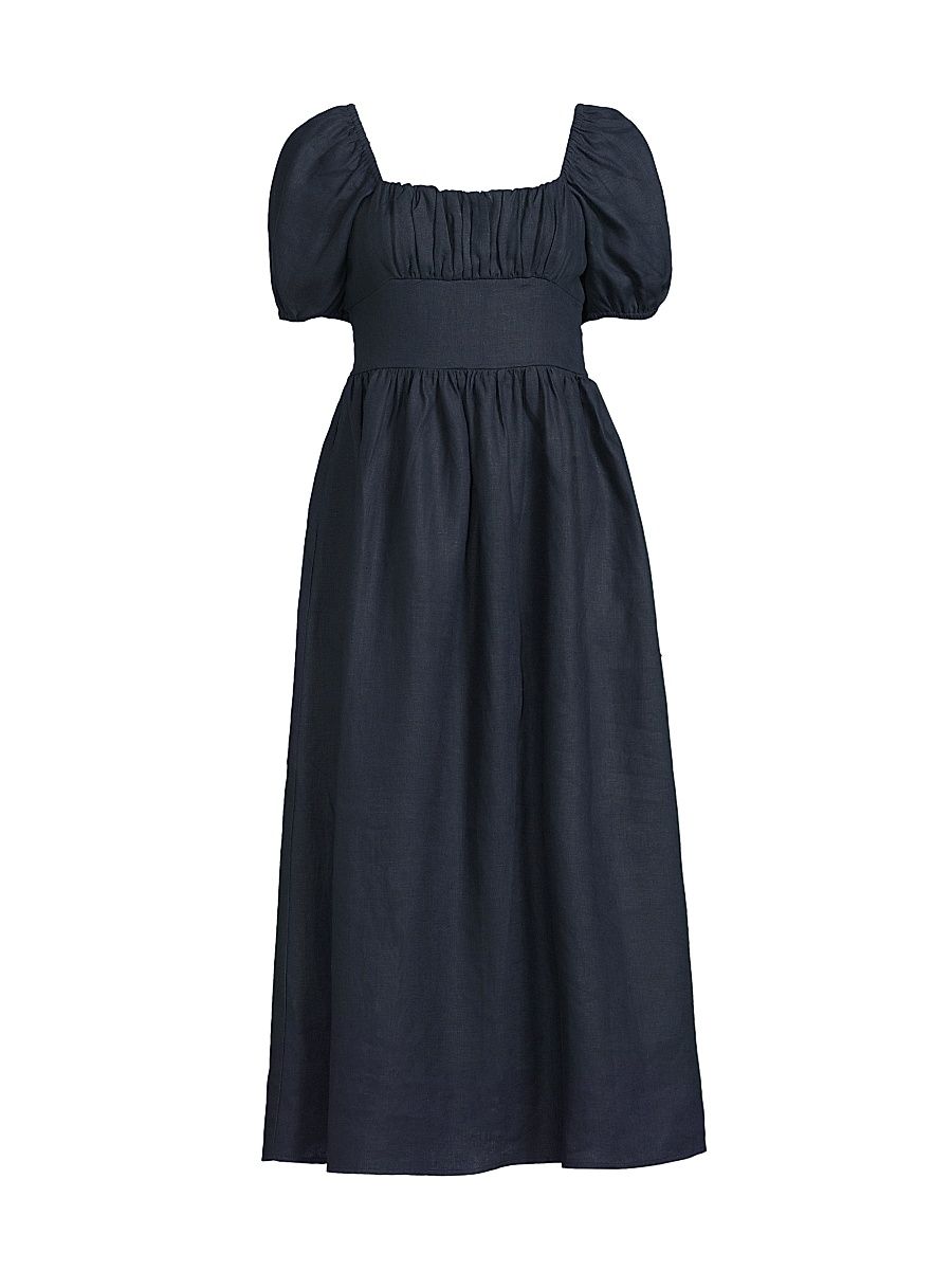 Women's Dalia Puff-Sleeve Linen Midi-Dress - Navy - Size Large