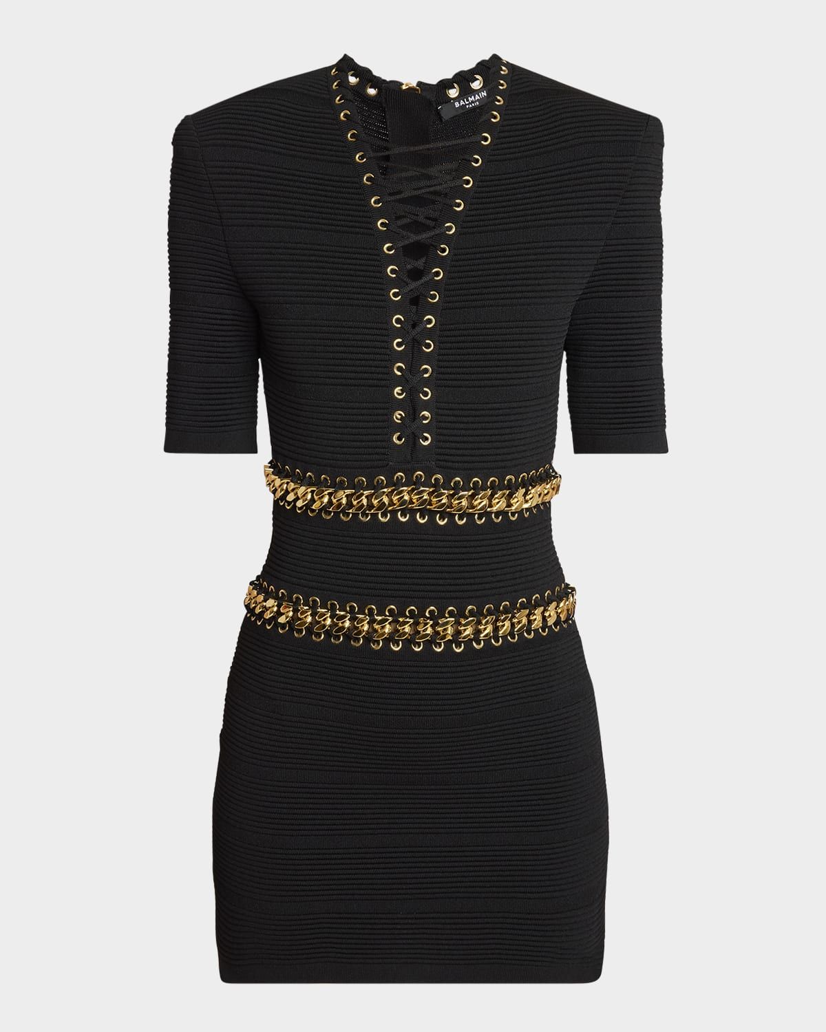 V-Neck Chain Lace-Up Mini Dress