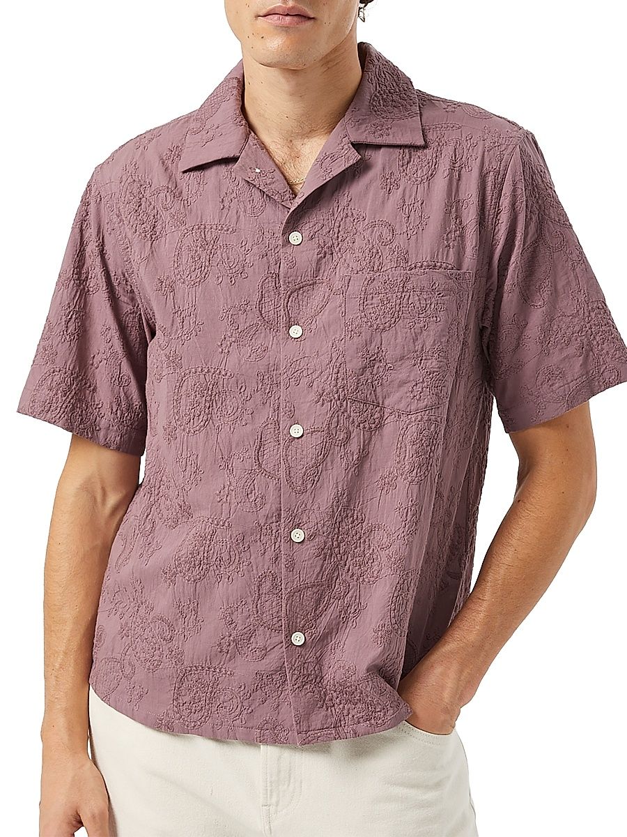 Men's Paisley-Embroidered Cotton Regular-Fit Camp Shirt - Purple - Size XL