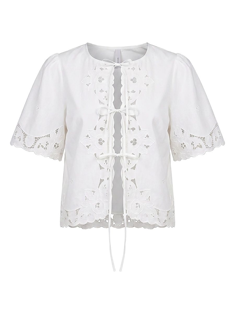 Women's Isabel Embroidered Tie-Front Cotton Top - Ivory - Size 12