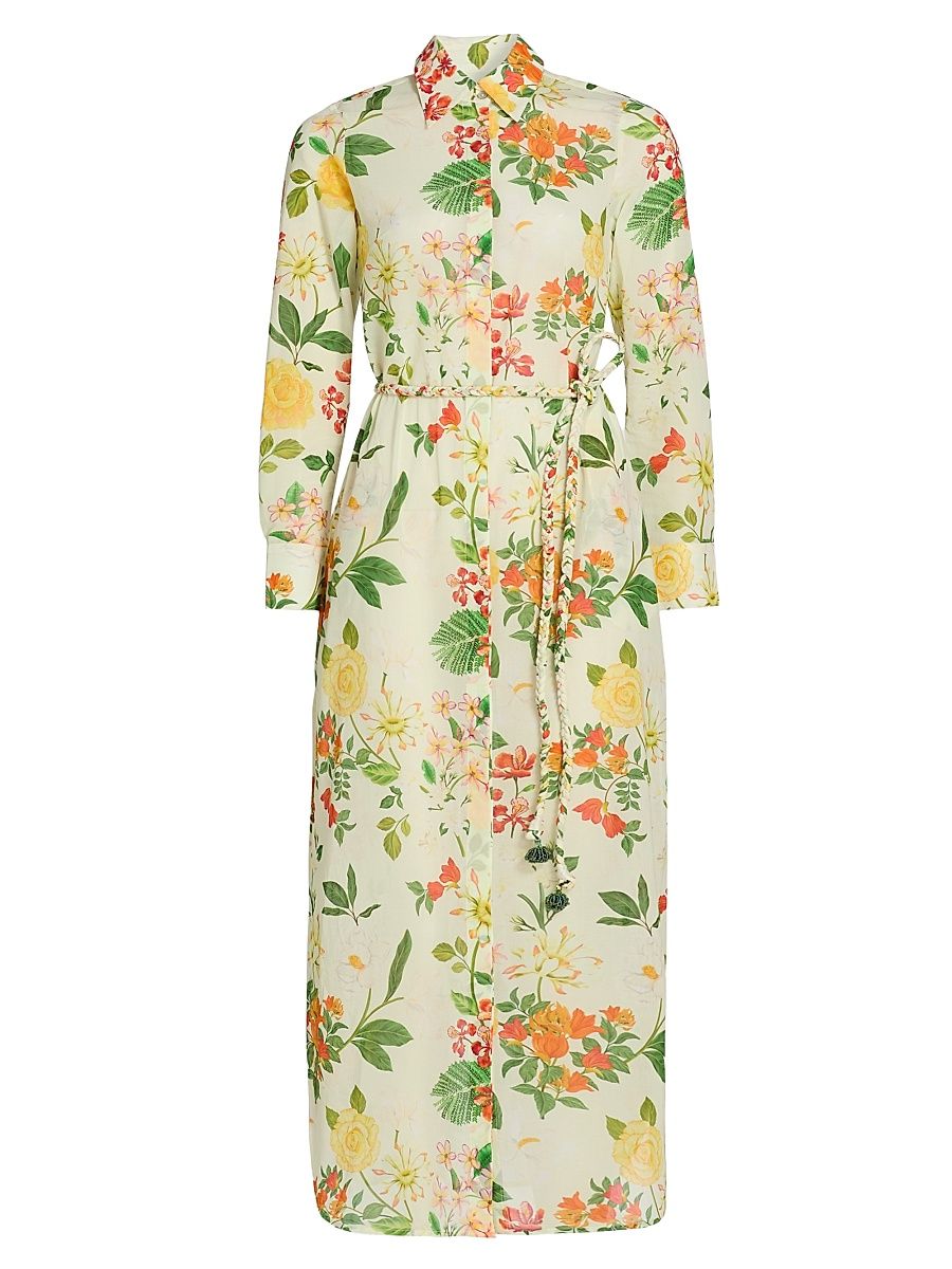 Women's Pushpanjali Floral Cotton Maxi Shirtdress - Ivory Mixed Floral - Size XS