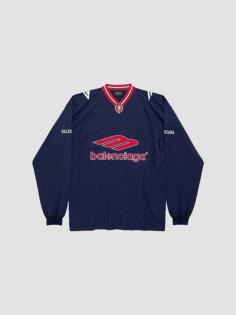 Balenciaga Men's 3B Football Long Sleeve V-Neck T-Shirt - Dark Navy Red - Size XL
