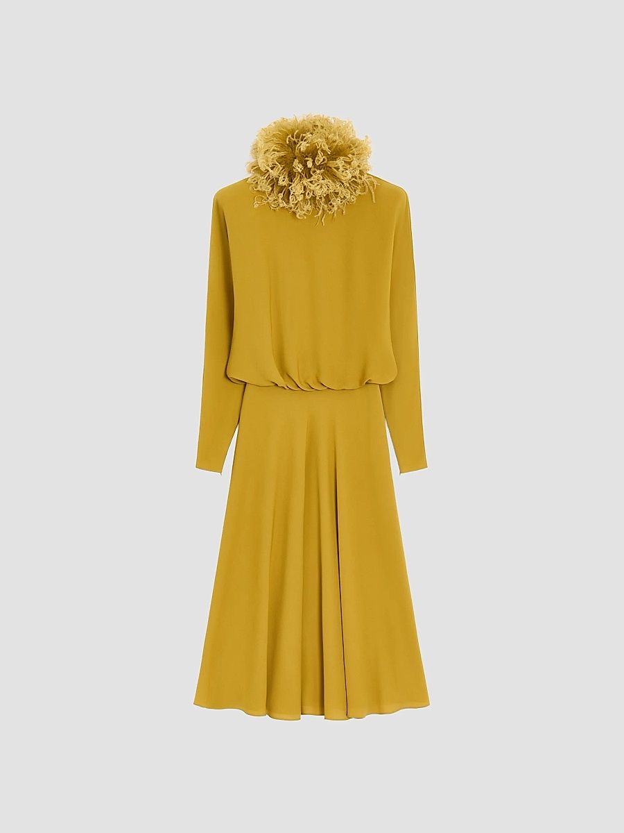 Women's Midi Dress in Georgette with Feathers - Ochre - Size 0
