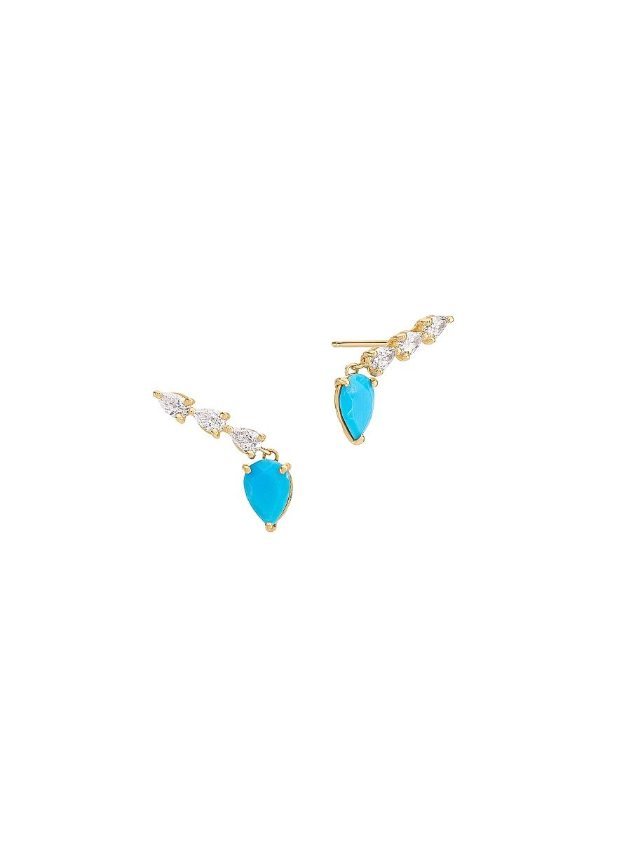 Women's 14K Yellow Gold, 1.50 TCW Diamond & Turquoise Ear Climbers - Yellow Gold