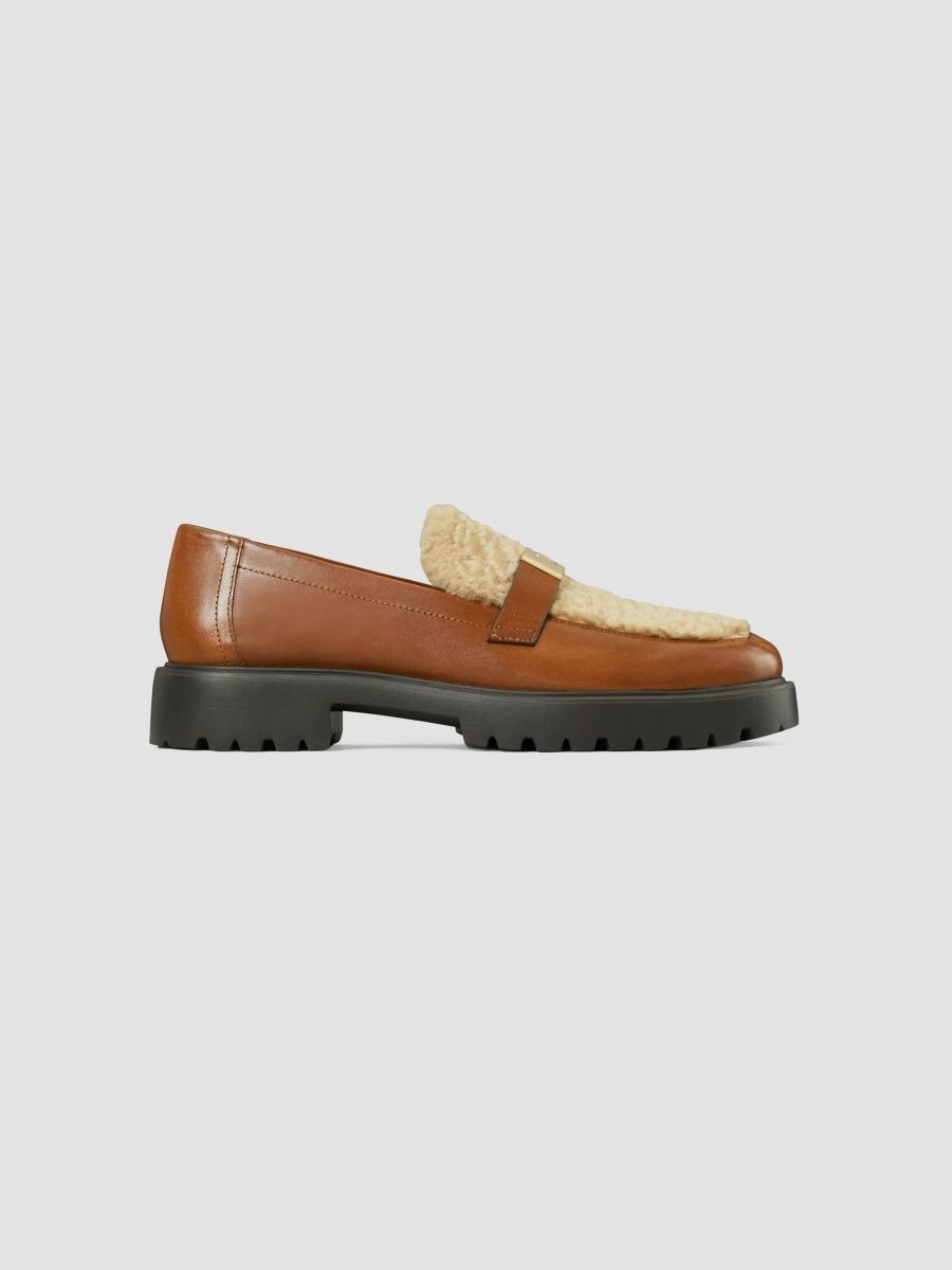 Tory Burch Women's Leelee Shearling & Leather Loafers - Brown Gold - Size 10