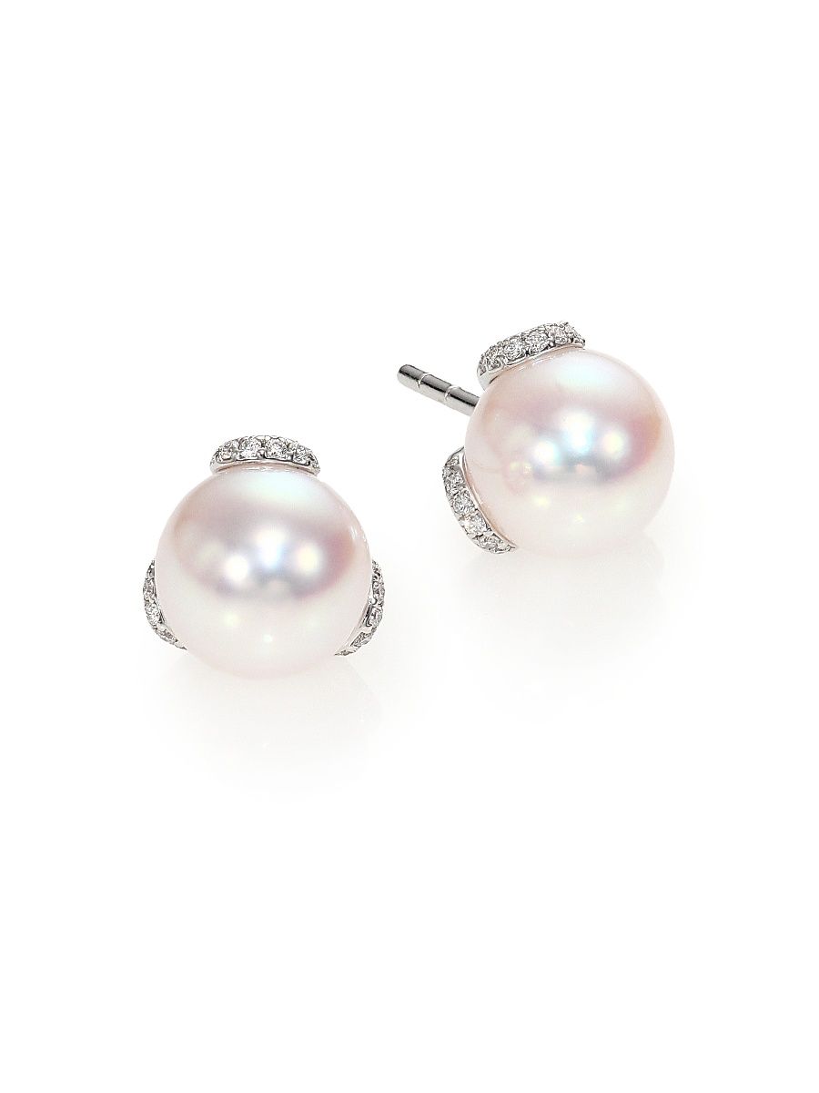 Women's Twist 18K White Gold, Cultured Pearl & 0.12 TCW Diamond Stud Earrings - White Gold