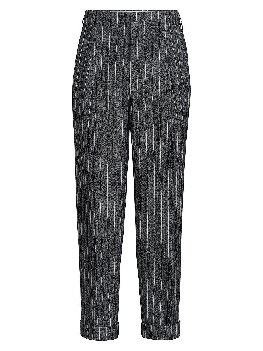 Men's Linen Chalk Stripe Chevron Trousers with Double Pleats - Dark Grey - Size 46