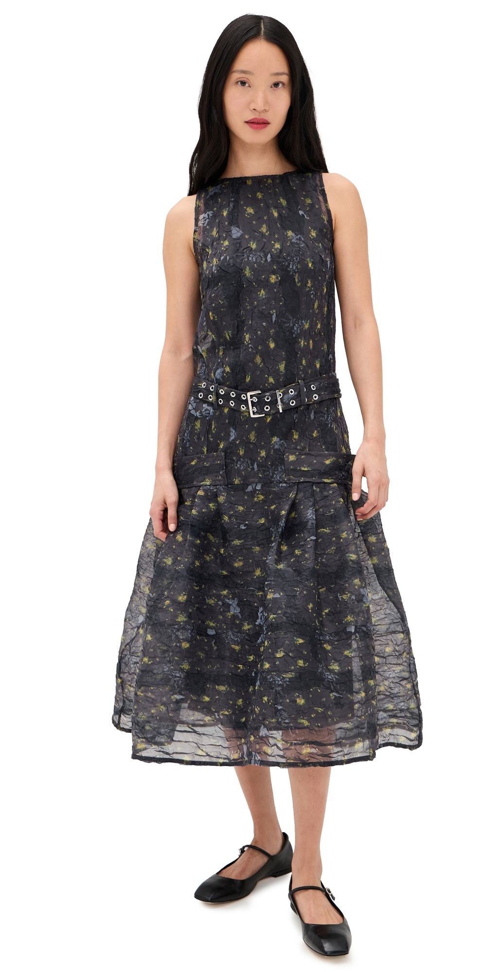 GANNI Shibori Organza Belted Long Dress Black Sand 34