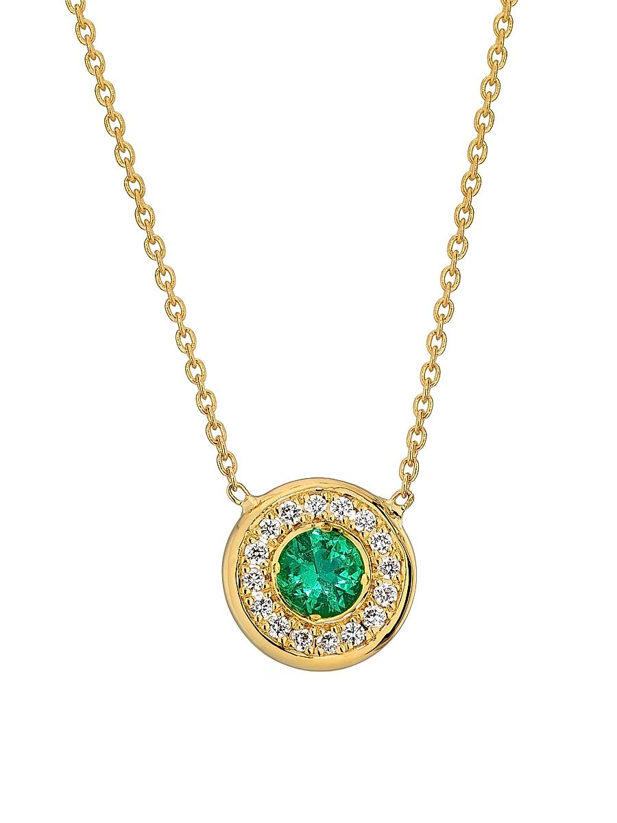 Women's Tiny Treasures 18K Yellow Gold, Emerald & 0.07 TCW Diamond Halo Pendant Necklace - Emerald