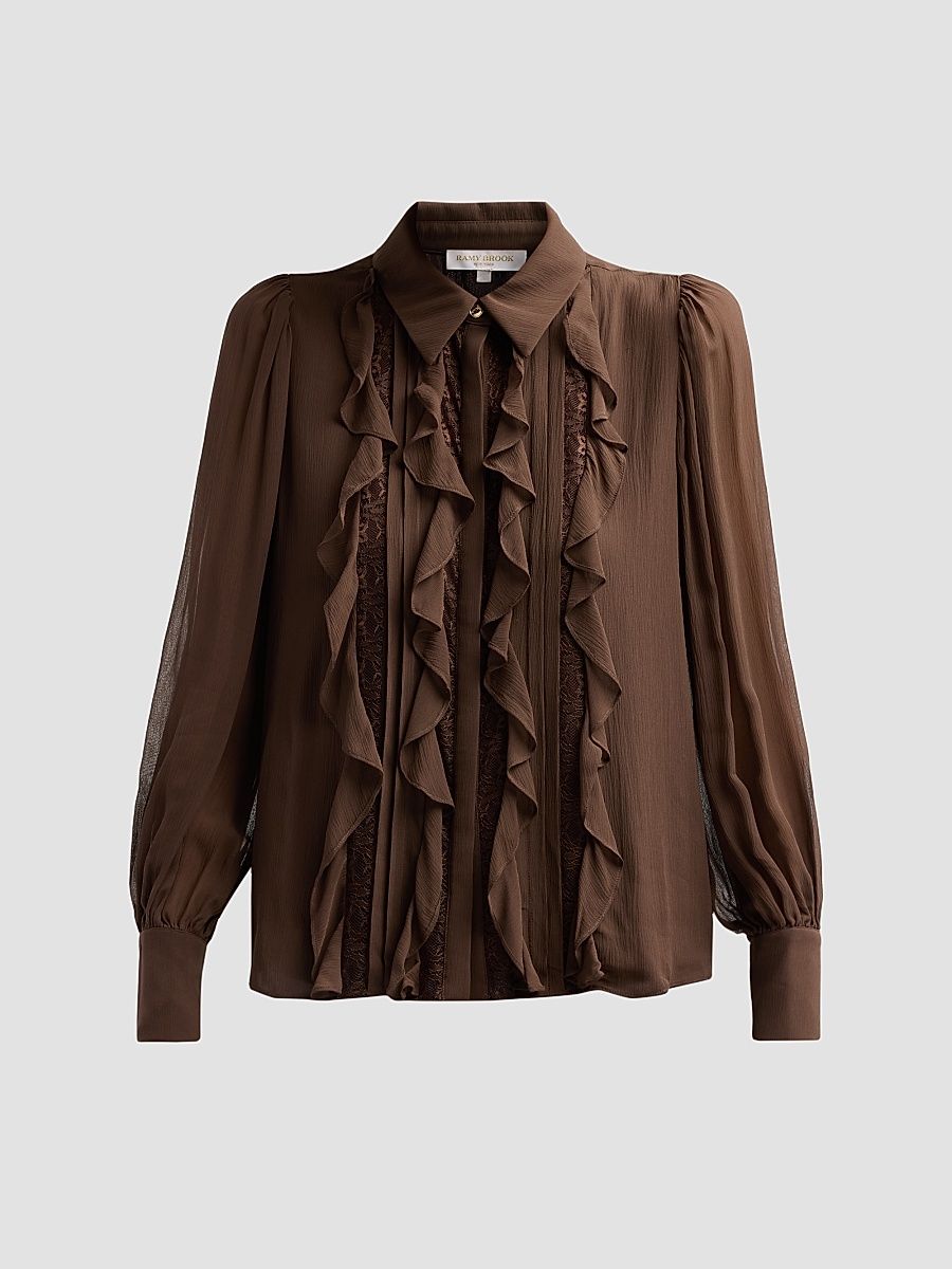 Women's Claire Silk Ruffle Blouse - Heritage Brown - Size XXS
