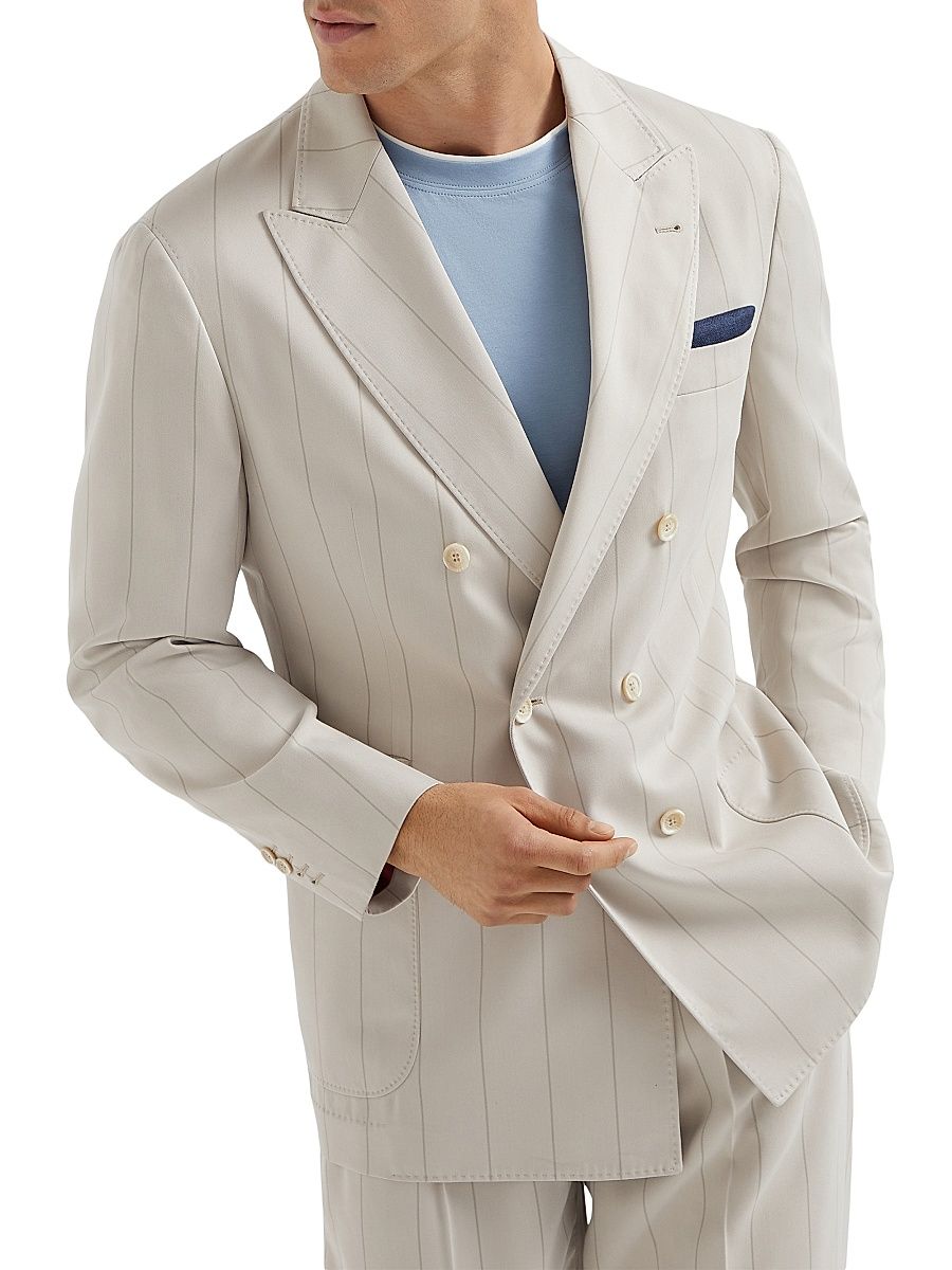 Men's Silk Wide Chalk Stripe Twill One and a Half Breasted Deconstructed Blazer - Ivory - Size 48