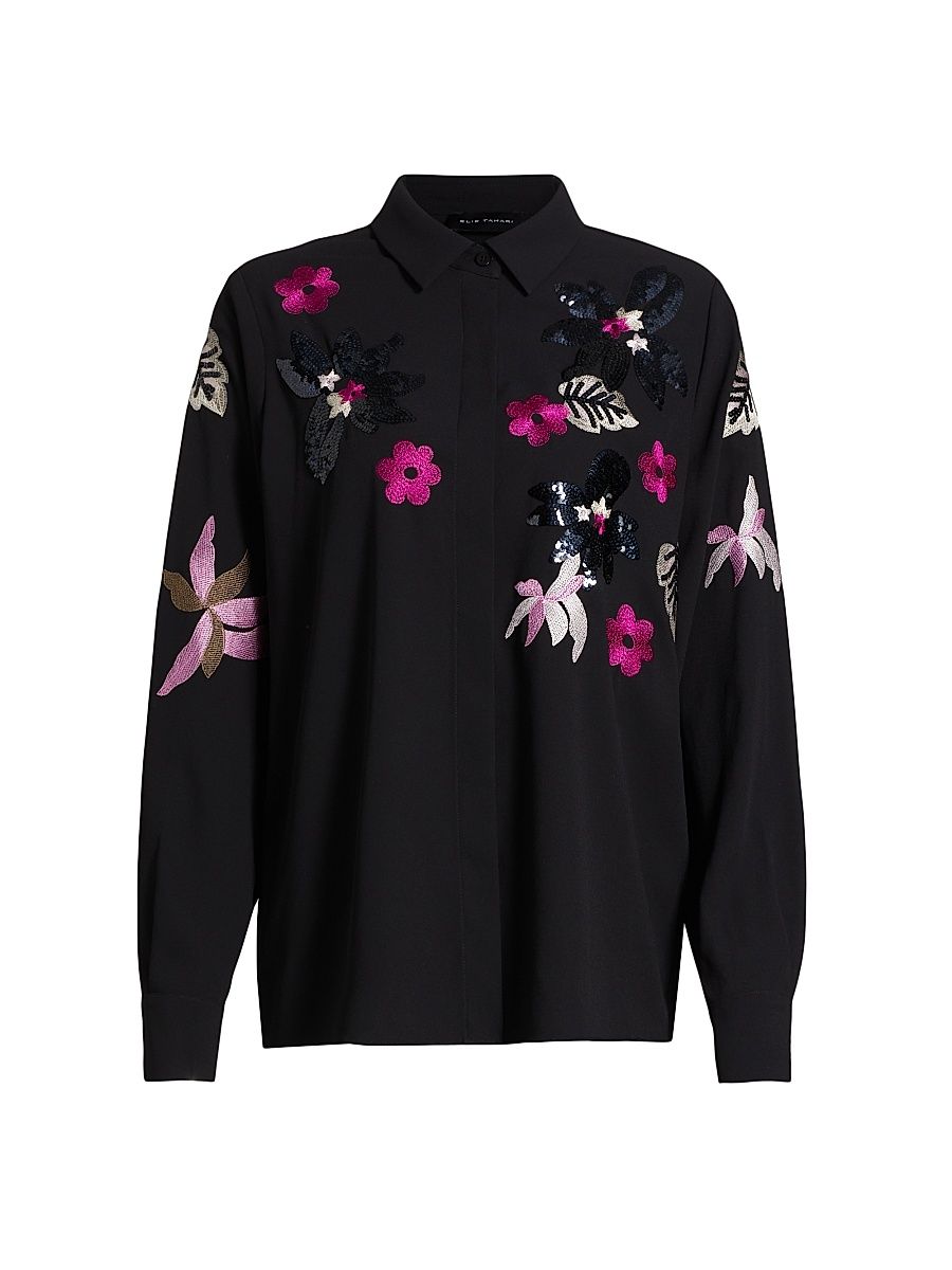 Women's Bailey Floral Embellished Button-Front Blouse - Noir With Holiday Embroidery - Size Small