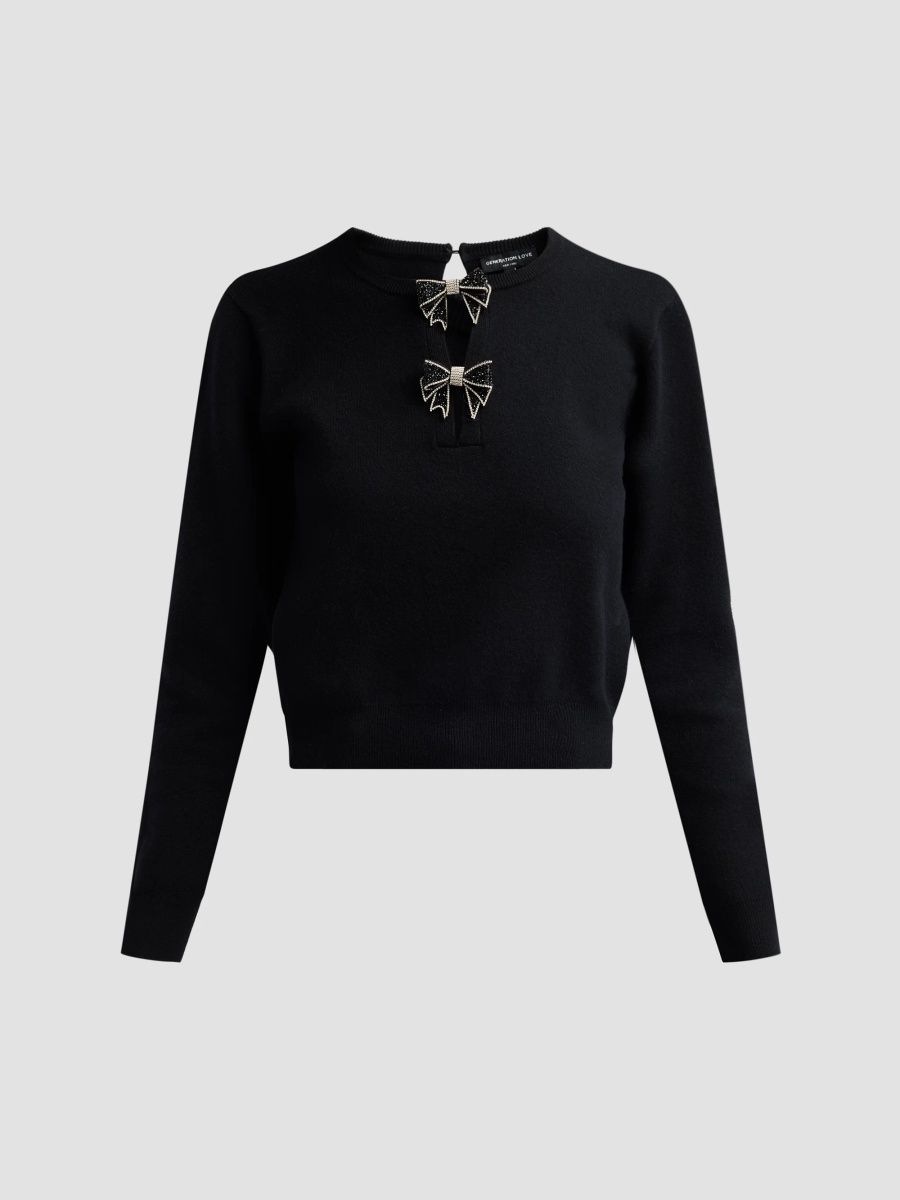 Generation Love Women's Yulia Embellished Bow Crewneck Sweater - Black - Size XL