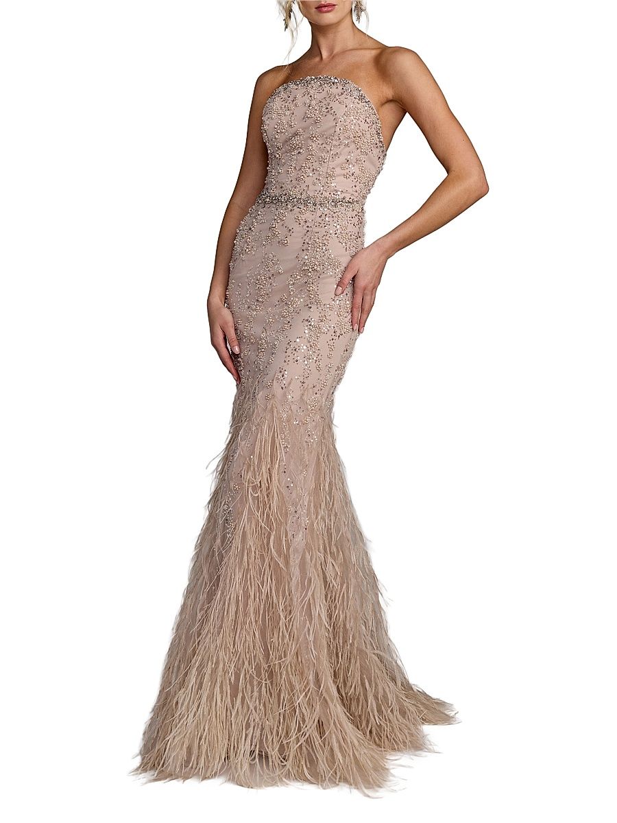 Women's Feather-Trimmed Embellished Mermaid Gown - Champagne - Size 2