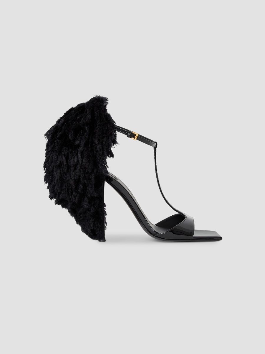 Givenchy Women's Pompom Heeled Sandals in Patent Leather and Knit - Black - Size 11