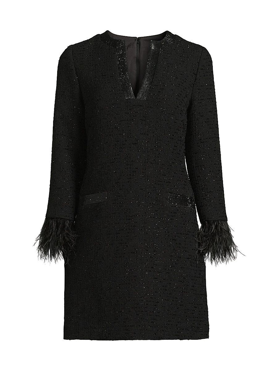 Women's Bouclé Jacquard Feather-Cuff Cocktail Dress - Black - Size 6