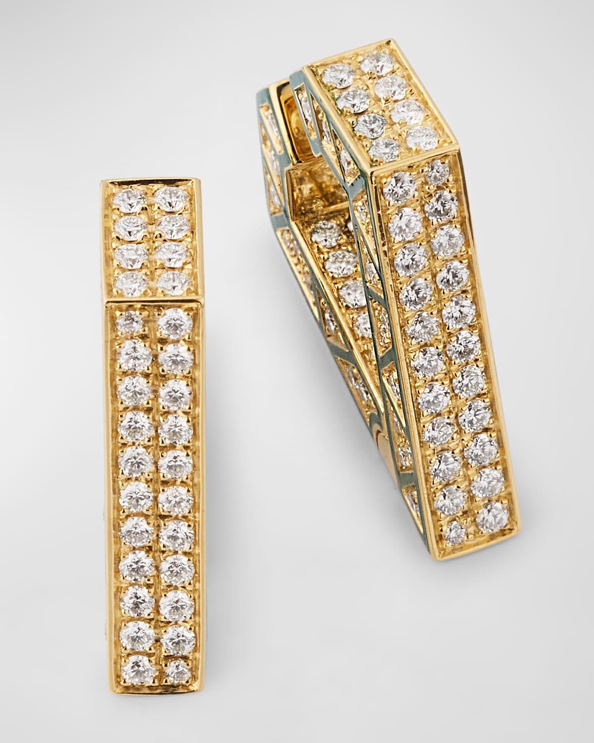 18K Yellow Gold White Diamond and Green Enamel Brute Maxi Earrings