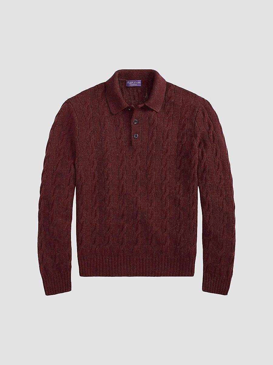 Ralph Lauren Purple Label Men's Cable-Knit Cashmere Polo Sweater - Mahogany - Size XXL