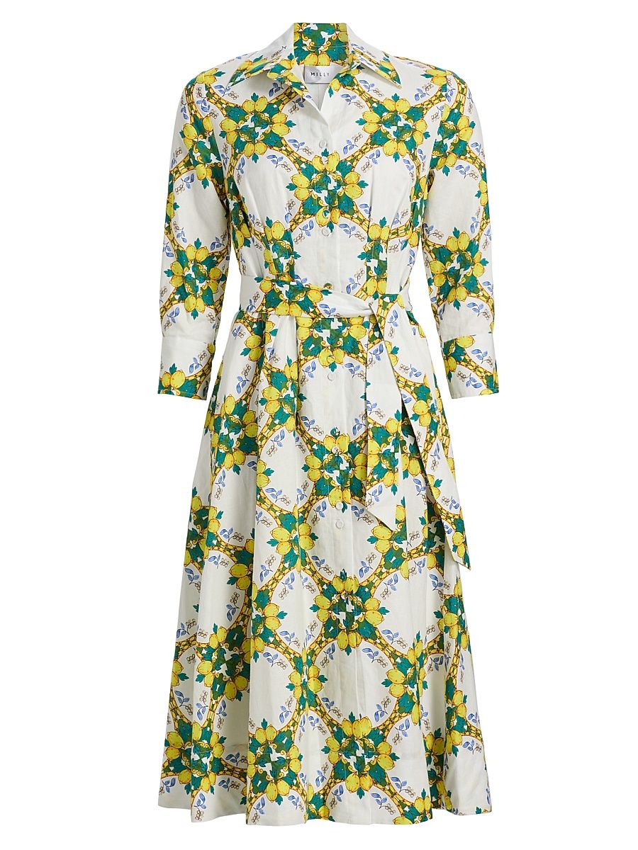 Women's Lexi Lemon Lattice Tie-Waist Midi-Dress - Yellow Multi - Size 12
