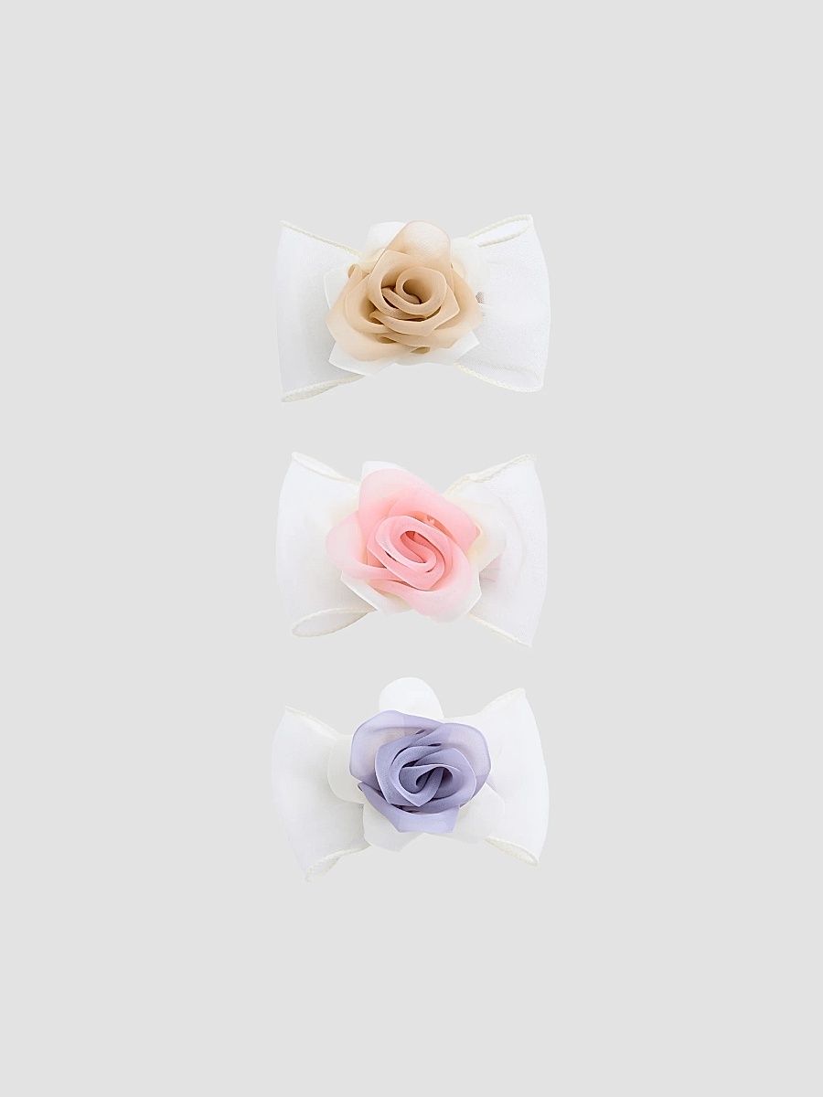 Rose Accent Bow Hair Clip Set - Beige Pink Purple