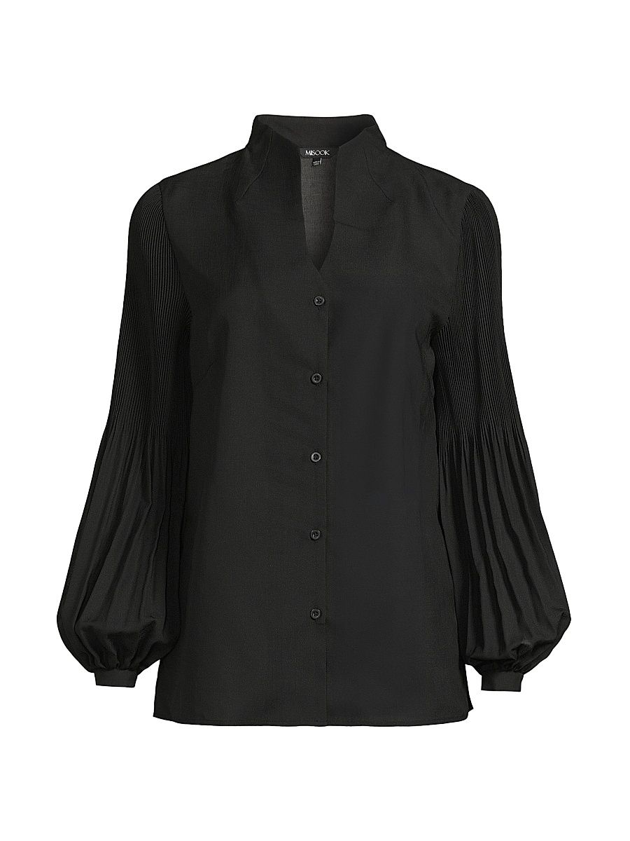 Women's Pleated Stretch-Crêpe Bishop-Sleeve Blouse - Black - Size XXL