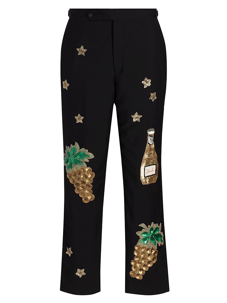 Men's Arbane Embroidered Wool-Mohair Tuxedo Trousers - Black Multi - Size 34