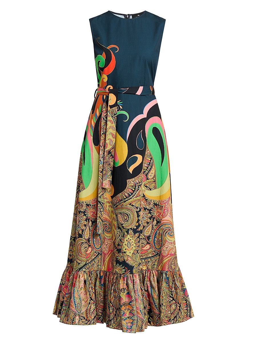 Women's Paisley Lotus Print Cotton Flounce Maxi Dress - Stampa F Do Blu - Size 12