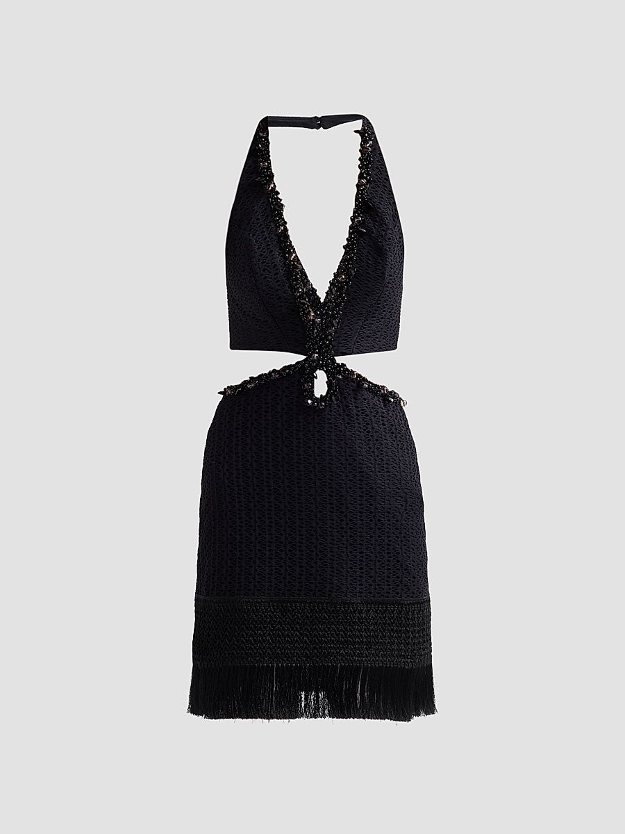 Women's Ayla Plunge Beaded Fringe Mini Dress - Black - Size Large