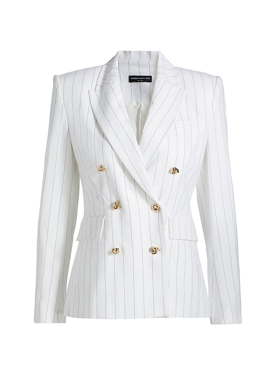 Women's Arielle Pinstriped Linen-Blend Double-Breasted Blazer - White Black Pinstripe - Size Medium