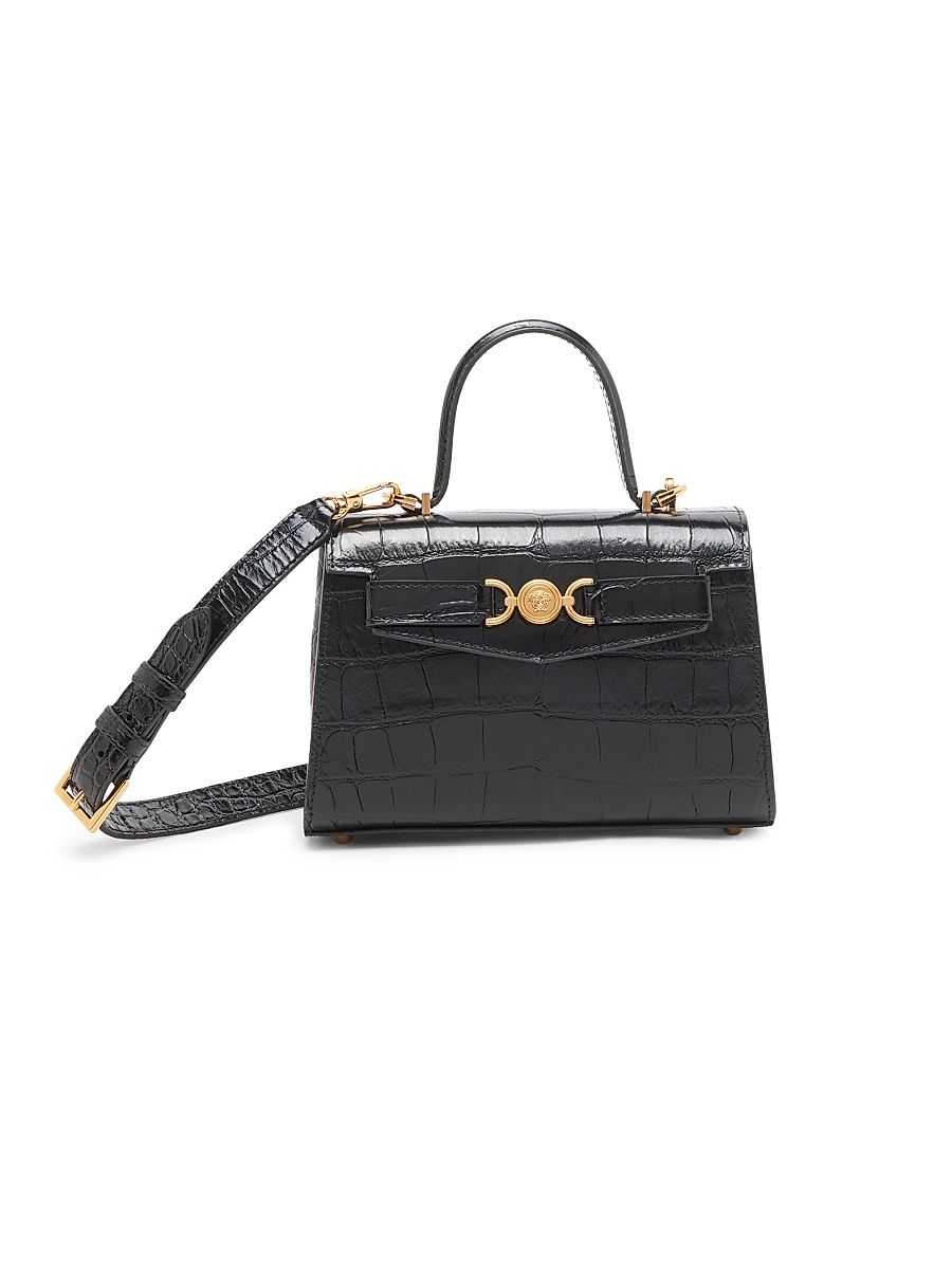 Women's Small Croc-Embossed Leather Top Handle Bag - Black Versace Gold